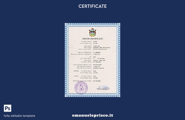 modello PSD del certificato di morte dei documenti di stato civile di Antigua e 